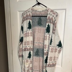 Maurices white and tan Open-Front Cardigan with Green Tree Motifs with pockets